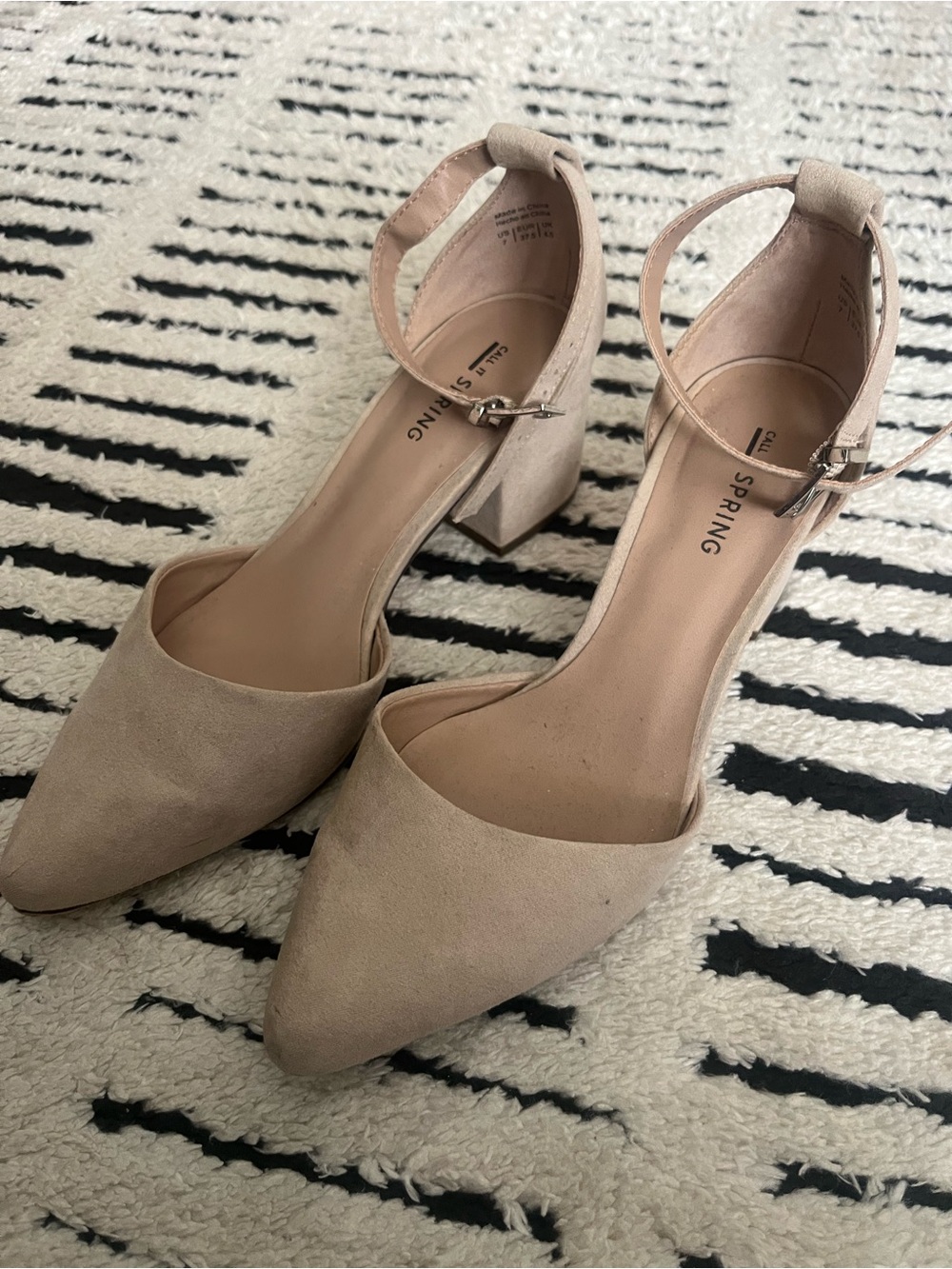 Call It Spring Beige Pointed-Toe Ankle-Strap Block Heels